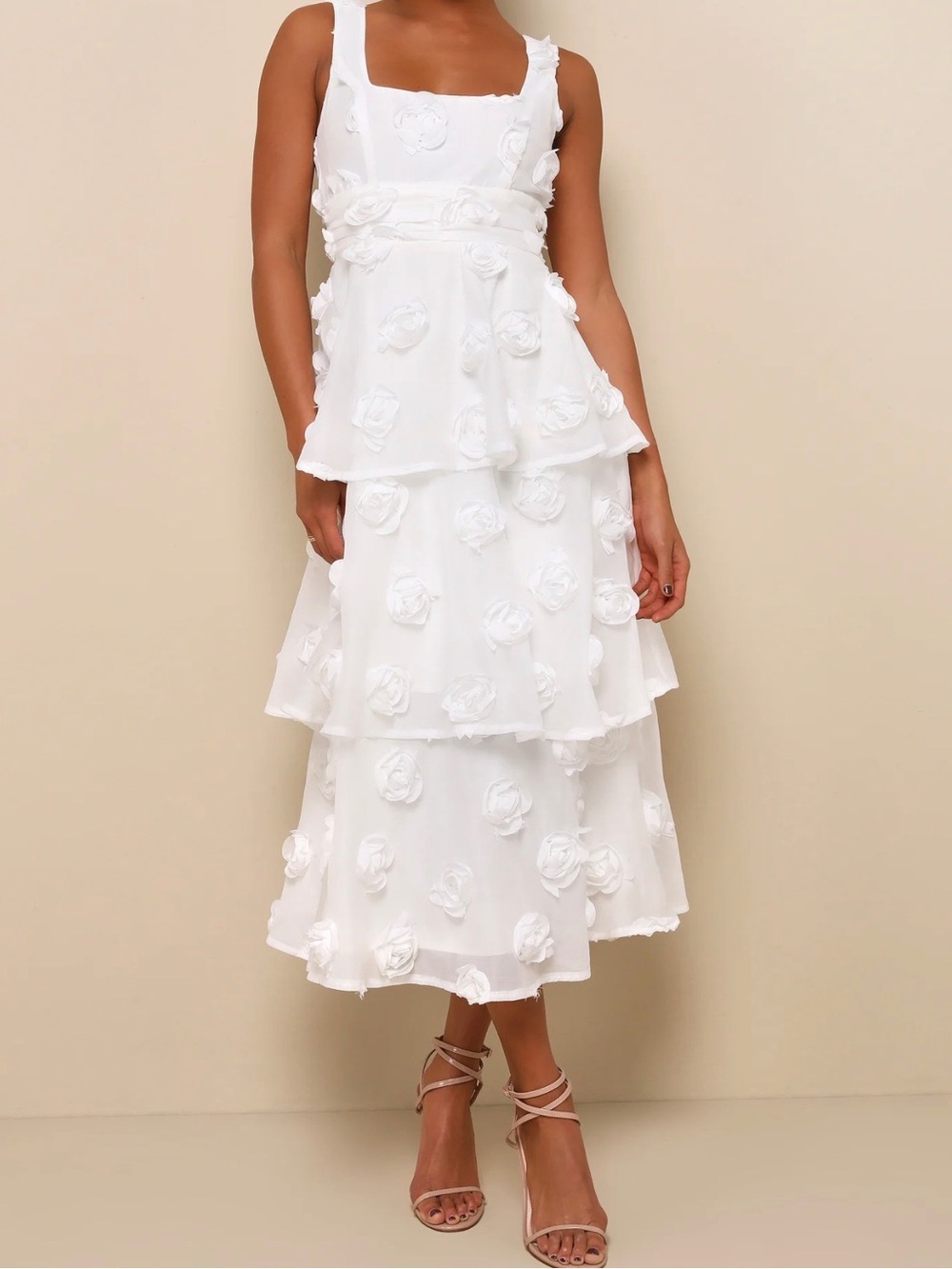 3D Rosette Floral Midi Dress | Romantic Tiered A-Line Dress